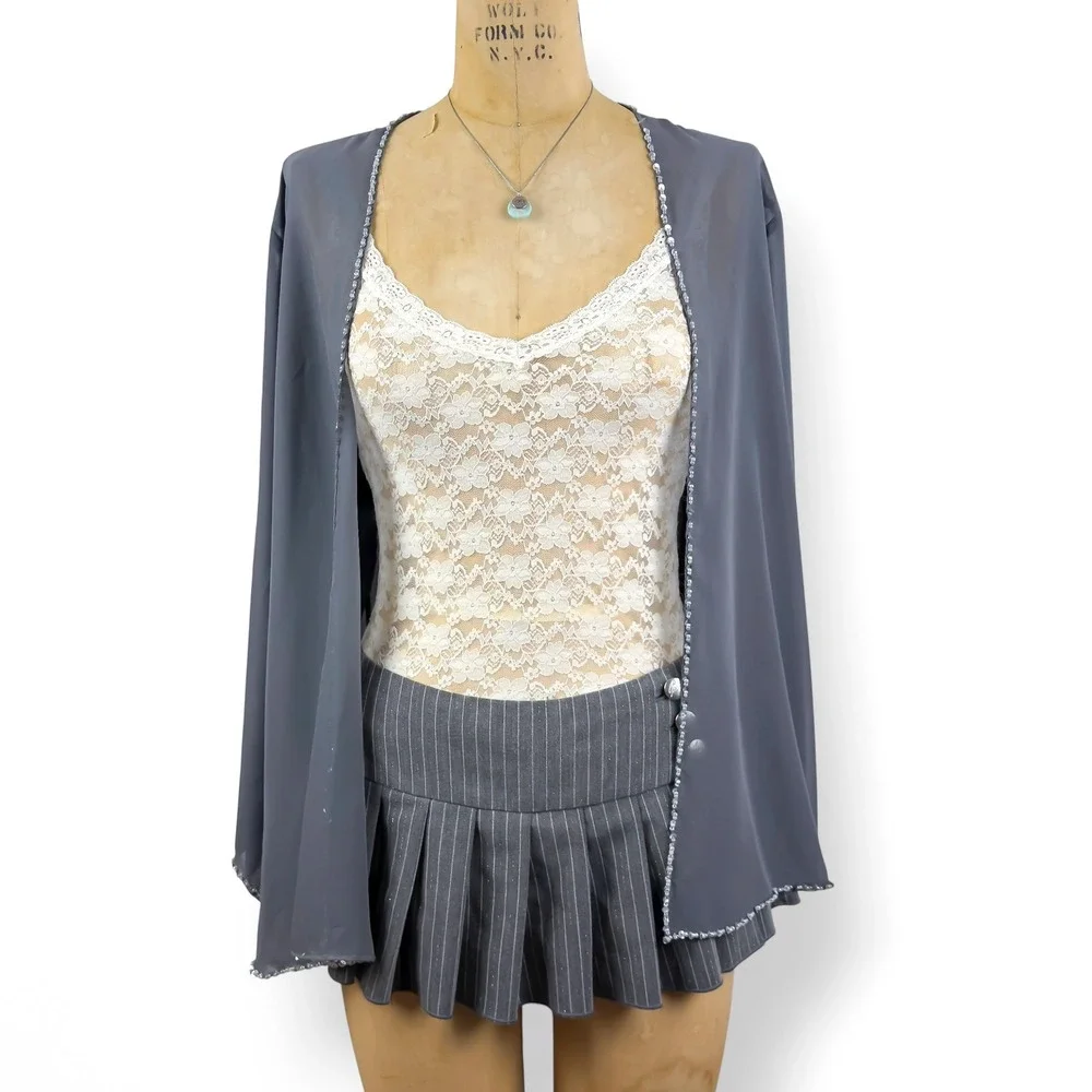 Y2K Sequin Trim Sheer Cardigan Open Front Fairy Grunge Whimsical Size M-XL - Picture 2 of 10
